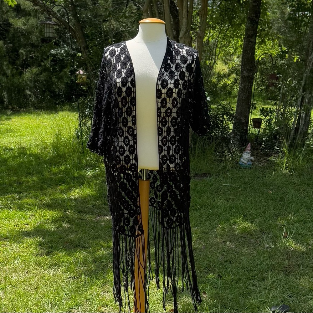 Rebellion Again Black Fringe Crocheted Cover Up Cardigan Size Medium (CWT0002)